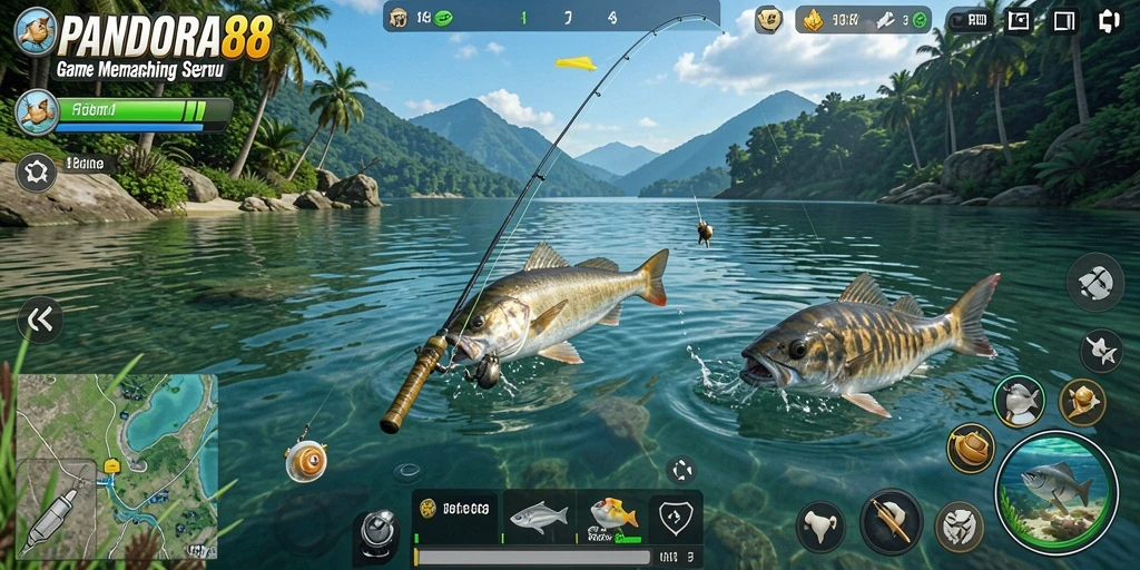 Screenshot menampilkan pemain yang memancing di lokasi laut yang indah.