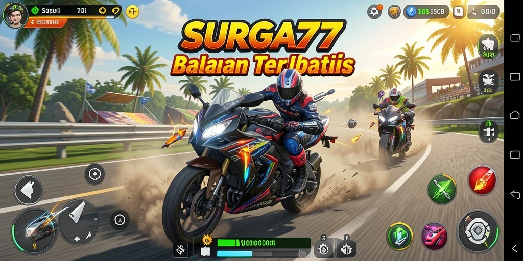 Screenshot gameplay SURGA77 menampilkan momen seru balapan motor.