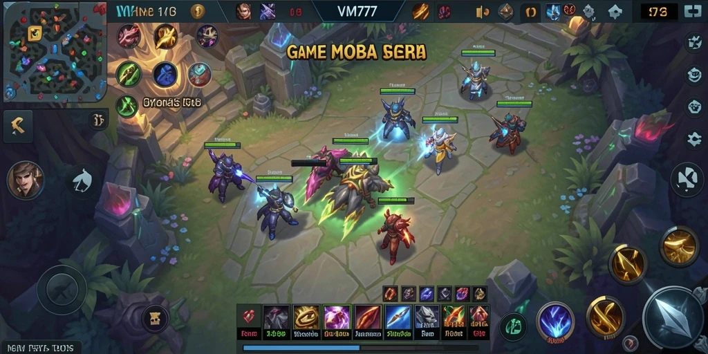 Screenshot gameplay VM777 yang menampilkan aksi bertarung di arena MOBA.